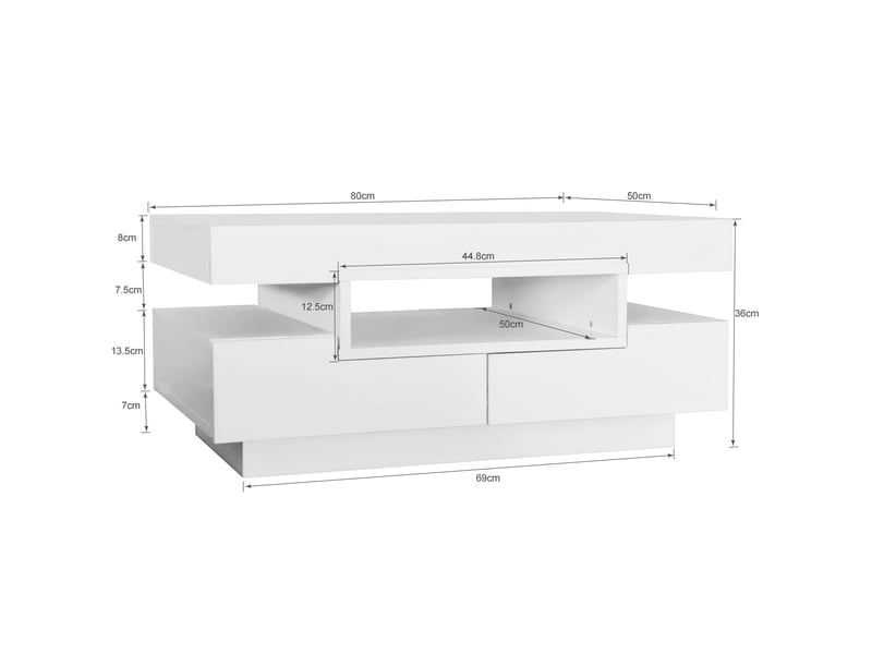  Table basse rectangulaire 80x50x36cm laquée haute brillance avec led | 4 tiroirs et 3 niches | charge 20kg - blanc  - Conforama E