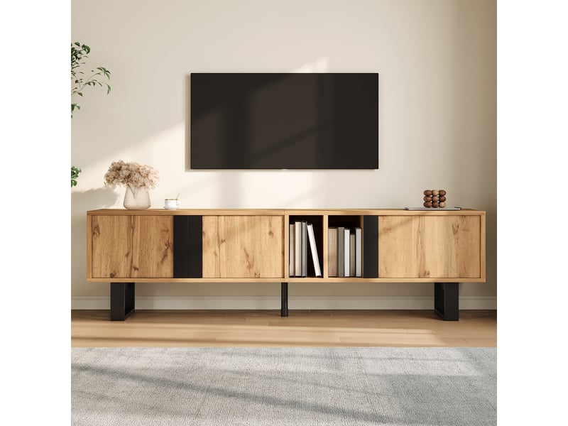  Meuble tv 3 portes, 2 compartiments séparés, niches ouvertes, pieds en fer noirs, couleur bois naturel  - Conforama B