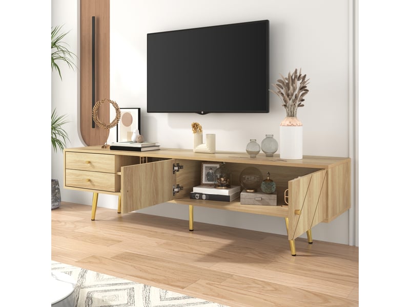  Meuble tv 160 cm avec pieds dorés, 2 tiroirs, portes à rainures inclinées, couleur bois  - Conforama E
