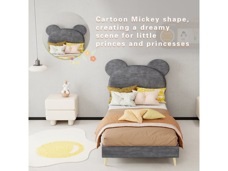  Lit enfant 90 × 200 cm 1 place avec rangement hydraulique et tête de lit rembourrée, sans matelas, tissu gris  - Conforama E