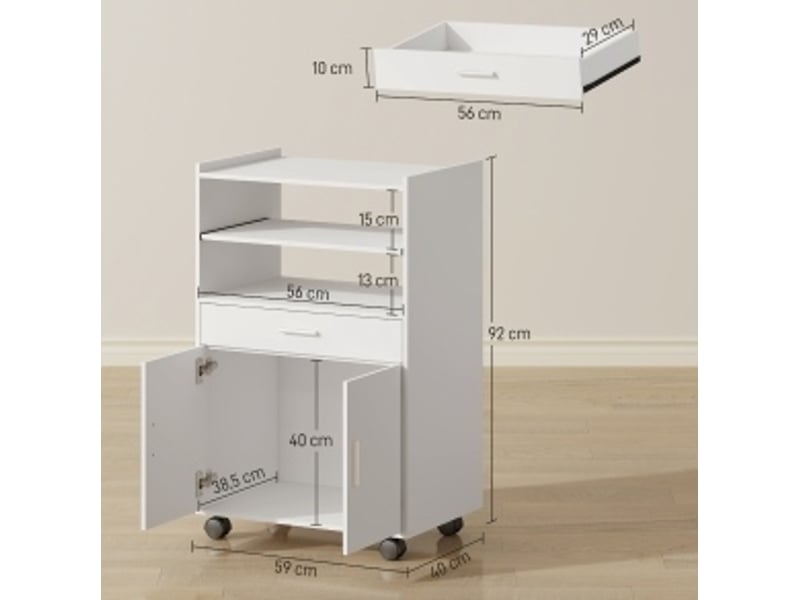 Desserte de cuisine à roulettes avec 2 portes, tiroir, niche et tablette coulissante en mdf blanc pour la cuisine - Conforama E