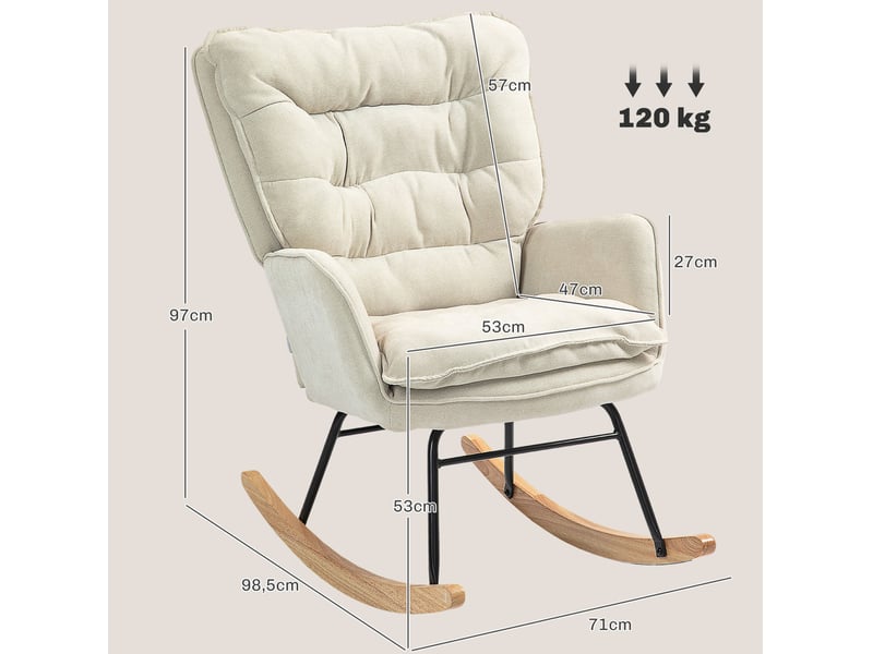  Fauteuil à bascule tcqpz avec accoudoirs, aspect chenille beige, assise 53 cm, charge 120 kg, 71 x 98,5 x 97 cm  - Conforama C