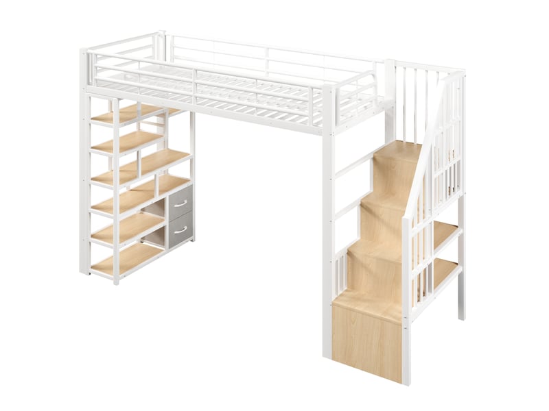 Lit mezzanine, 90 × 200 cm, blanc, mdf et métal, tiroirs, rangements, garde-corps, échelle, espace ouvert dessous, led via app - Conforama A