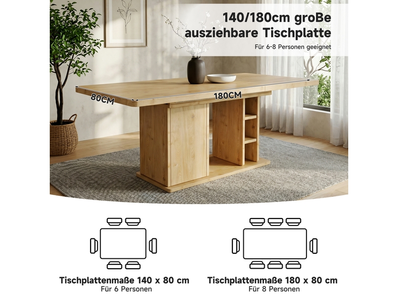 Table à manger extensible,140x80x75 cm,avec rangement,mdf,coloris chêne  - Conforama E