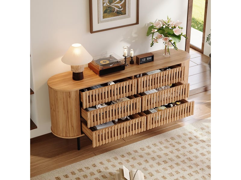  Commode 6 tiroirs - 160x40x70cm - commode basse de salon avec côtelés ajourés &amp; angles arrondis - bois naturel  - Conforama D