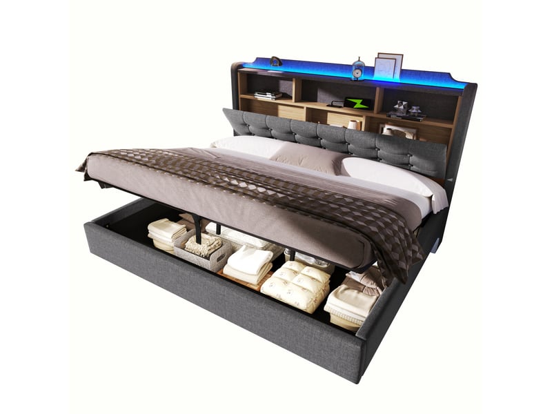 Lit coffre 2 places 180x200 cm led avec usb et type-c coloris gris - Conforama A
