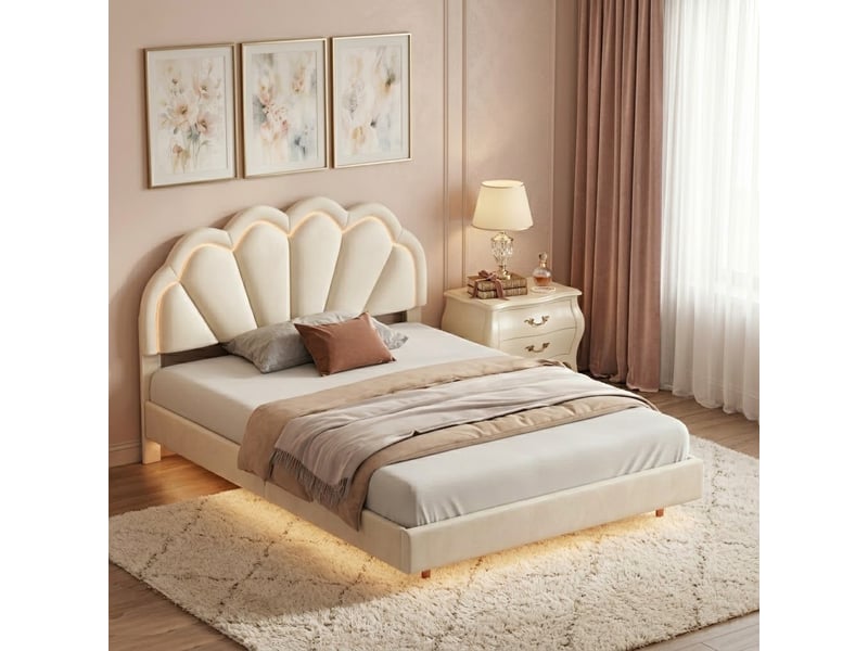  Lit double 140x200 cm, lit enfant avec tête de led réglable et sommier à lattes, lit flottant design forme couronne pour adolescents, velours, beige  - Conforama D