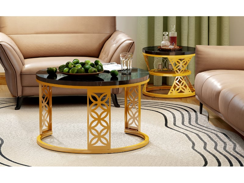  Table basse gigogne 2 pièces effet marbre noir et structure dorée homvra  - Conforama D