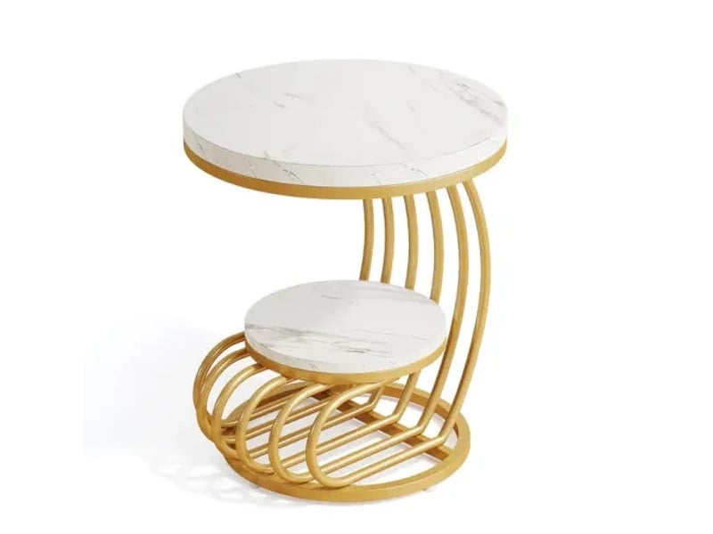  Table basse ronde double plateau effet marbre blanc et métal doré evryae  - Conforama A