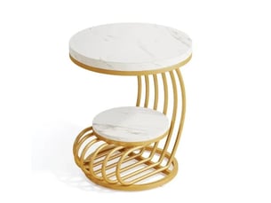 Table basse ronde double plateau effet marbre blanc et métal doré evryae
