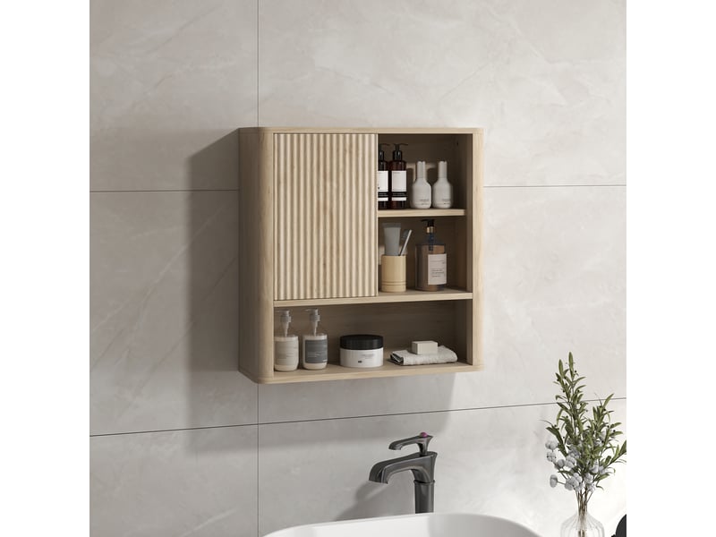  Armoire murale salle de bain, finition bois naturel courbée, porte coulissante, 60 x 20 x 62 cm  - Conforama D