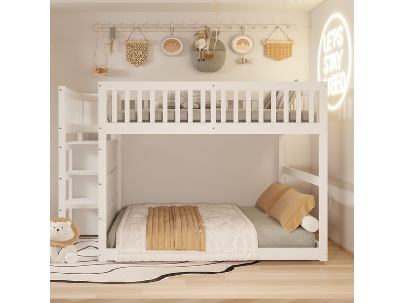  Lit superposé enfant bas 140 x 200 cm blanc avec escalier de rangement  - Conforama D