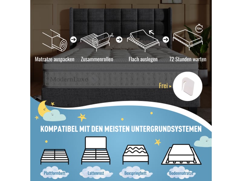  Matelas à ressorts ensachés 7 zones 180 x 200 cm h3, matelas hybride de 25 cm d'épaisseur avec mousse à froid, respirant et offrant un soutien maximal, certifié oeko-tex, format king size pour adultes  - Conforama E