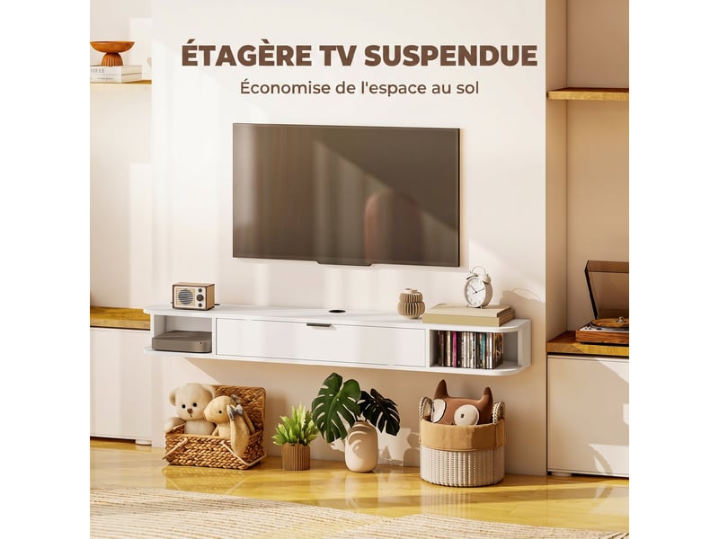  Meuble tv suspendu, meuble télé pour téléviseur jusqu'à 60 pouces, tiroir rabattable, 140x24x16cm, 2 étagères, blanc  - Conforama A