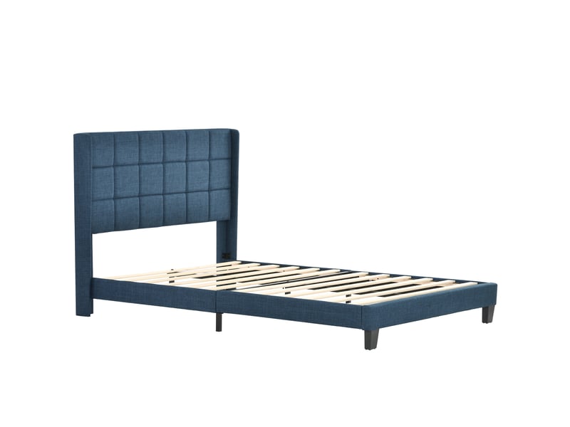  Lit double capitonné 140x200cm, lin bleu, tête rembourrée, sommier à lattes, matelas à ressorts inclus  - Conforama A