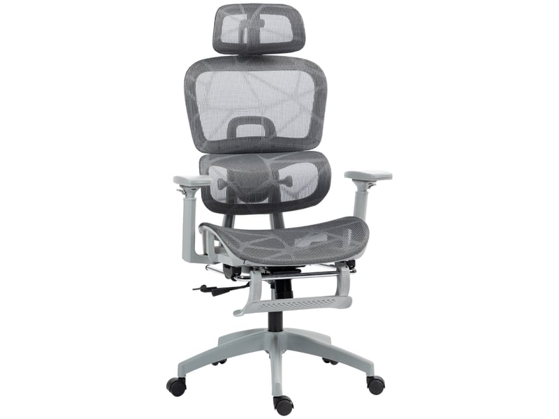  Chaise de bureau ergonomique avec repose-pieds, dossier inclinable et soutien lombaire, en polyester gris  - Conforama A