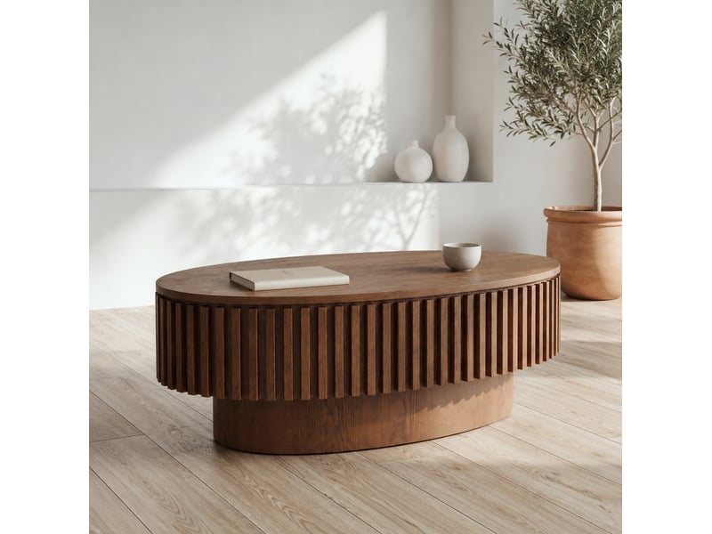  Table basse ovale 98x60x35 cm avec rangement caché, mdf, noyer foncé  - Conforama E
