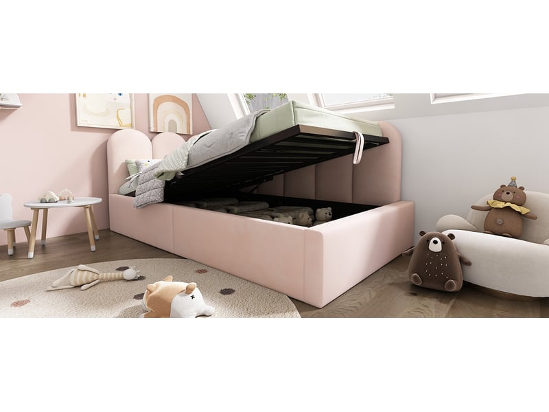  Lit coffre simple 90x200 cm avec ouverture hydraulique et sommier métallique - velours rose - sans matelas  - Conforama D
