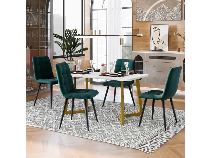  Ensemble table à manger avec 4 chaises, table à manger rectangulaire de 117 cm, plateau effet marbre et velours vert foncé  - Conforama C