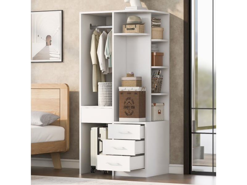  Armoire chambre penderie 70x55x175 cm - étagères, tiroirs et espace de rangement ouvert - blanc  - Conforama A
