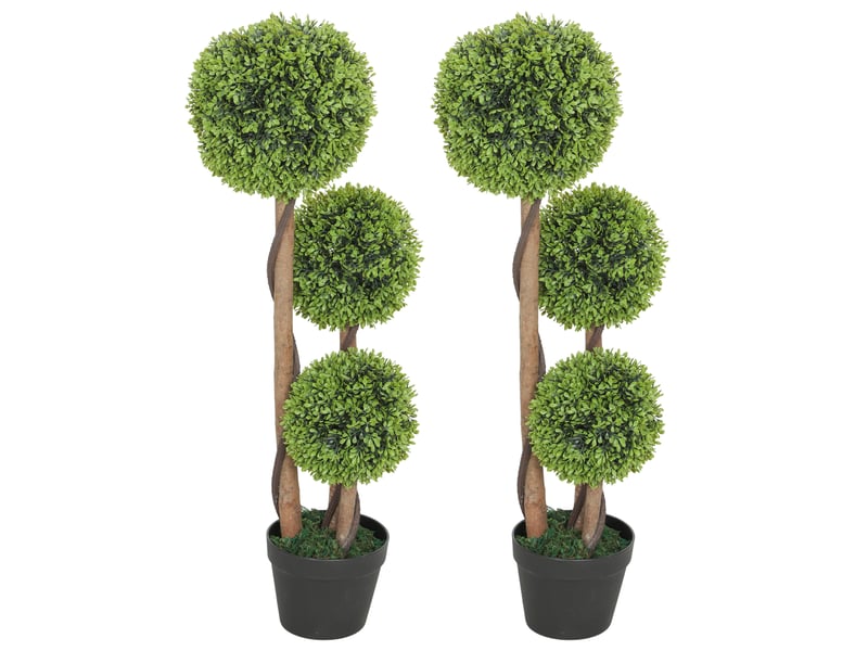 Lot de 2 plantes de buis artificielles avec 3 boules, pot et fond renforcé, hauteur 90 cm, pour une utilisation intérieure et extérieure - Conforama B