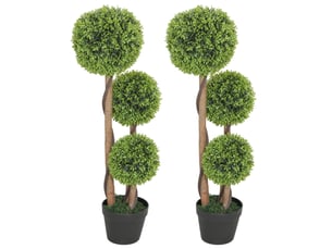Lot de 2 plantes de buis artificielles avec 3 boules, pot et fond renforcé, hauteur 90 cm, pour une utilisation intérieure et extérieure
