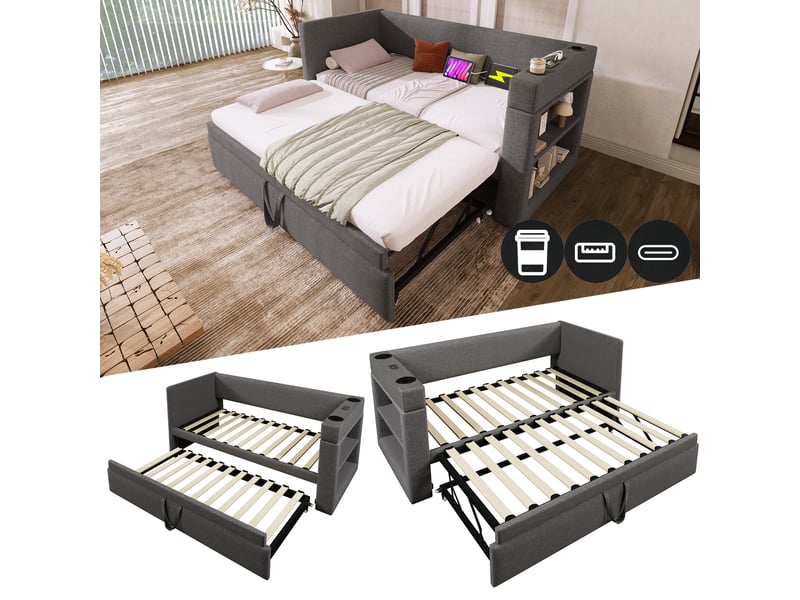  Canapé-lit 90x190 cm, lit enfant, couchage d'appoint, couchage gigogne extensible, usb et usb-c, lin gris  - Conforama A