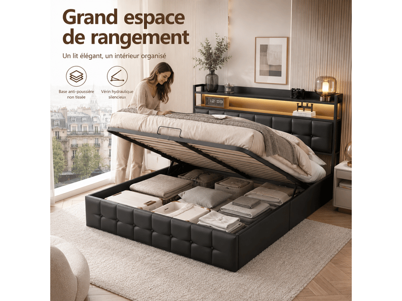  Lit coffre double 160x200cm avec  led et prise usb tpye c - rangement de chevet et tête de lit rembourré- hydraulique - lit adulte 2 personnes - pu - noir - lit capitonné, lit 2 places, cadre de lit, lit ado, sommier à lattes, c…  - Conforama W
