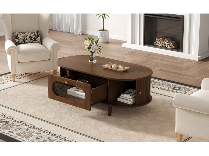  Table basse 100 x 50 x 36 cm couleur noyer mdf avec 1 tiroir et 2 portes à rideau 4 pieds evarich - Conforama D