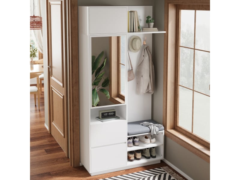  Garde-robe d'entrée compacte avec miroir et banc — meuble d'entrée, patères et porte-chaussures  - Conforama E