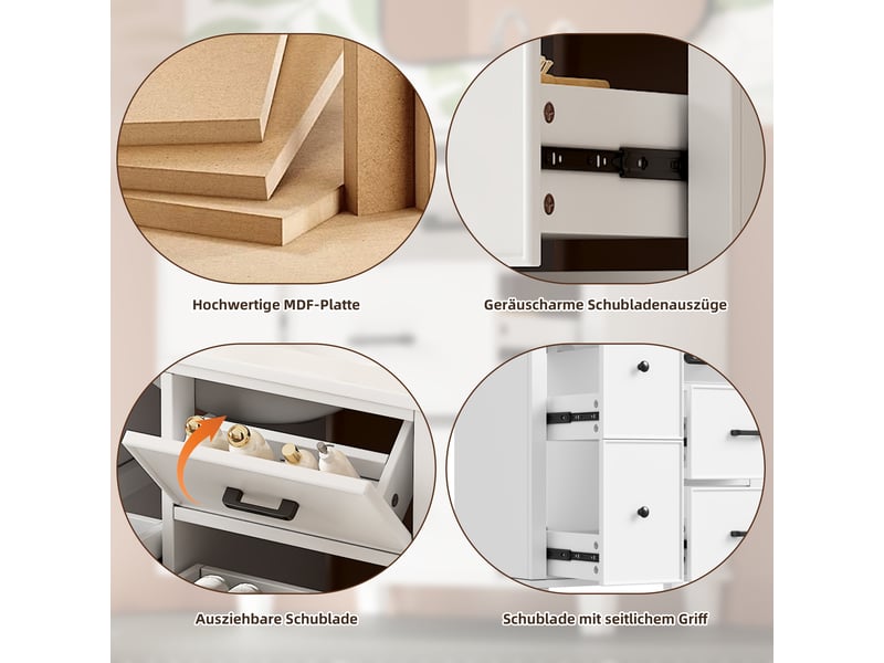 Meuble vasque blanc laqué mdf et céramique 76,5×47×83,5 cm, 4 tiroirs coulissants, 1 abattant et poignées noires - Conforama C