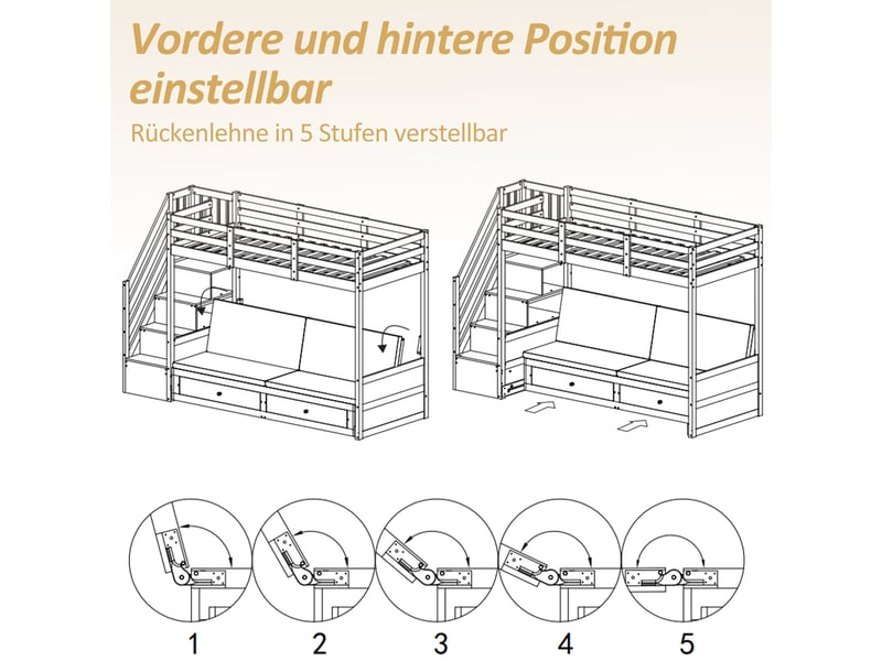  Lit superposé enfant 90x200 multifonction avec canapé et escalier de rangement - bois massif blanc  - Conforama R
