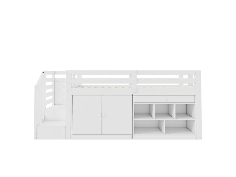  Lit enfant multifonctionnel en bois avec escalier et rangements ; l’escalier et les placards sont réversibles (gauchedroite) ; les tiroirs peuvent être retournés et utilisés comme bureau ; 90 x 200 cm ; blanc  - Conforama D