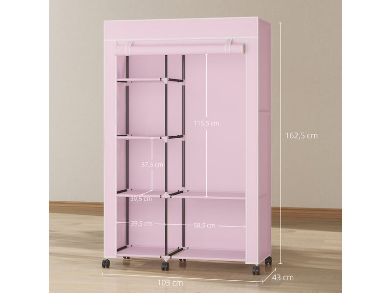  Armoire en tissu à roulettes, armoire portable avec 6 étagères et 1 tringle à vêtements pour la chambre, 103 x 43 x 162,5 cm, rose  - Conforama E
