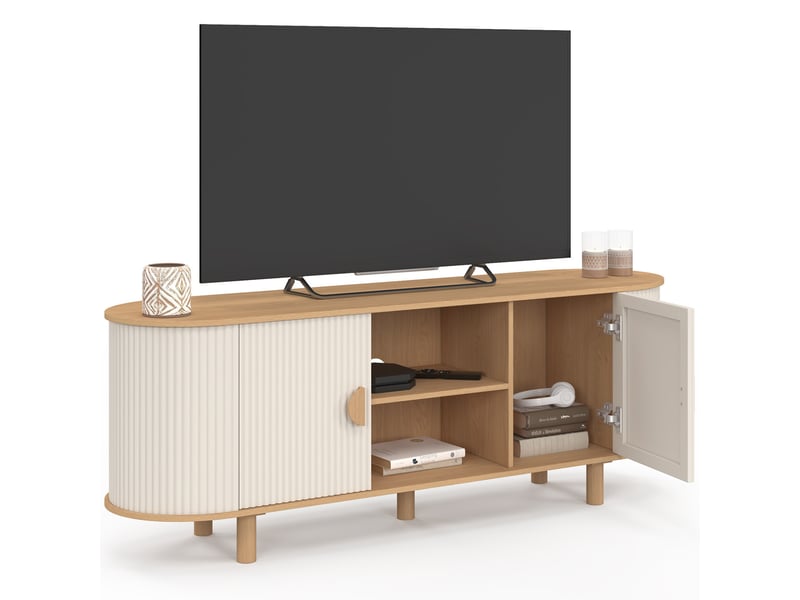 Meuble tv 140 cm kanel 2 portes effet cannelé beige et bois  - Conforama D