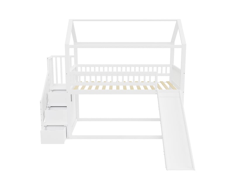  Lit mezzanine 90x200cm escalier de rangement - lit cabane enfant -  sommier, barrières de sécurité, blanc  - Conforama D