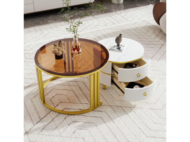  Table basse ronde 2 en 1 en mdf, table d'appoint avec un plateau blanc et un plateau en verre trempé brun, table basse combinée avec 2 tiroirs pour le salon, 70 x 70 x 45 + 50 x 50 x 40 cm  - Conforama B