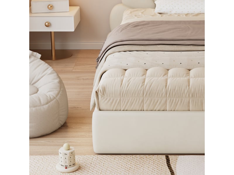  Lit enfant 90x200 cm en velours, lit simple avec tête de lit fleurie et tablettes latérales, sans matelas, beige  - Conforama E