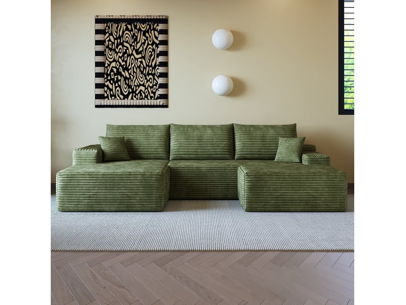  Canapé d'angle modulaire 4 places en velours côtelé vert, méridienne en l, assise profonde et sans montage  - Conforama E