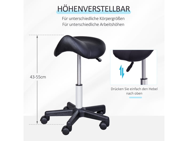  Tabouret à roulettes avec siège en forme de selle réglable en hauteur et rotatif à 360° en similicuir noir 35 x 38 x 45-55 cm  - Conforama E