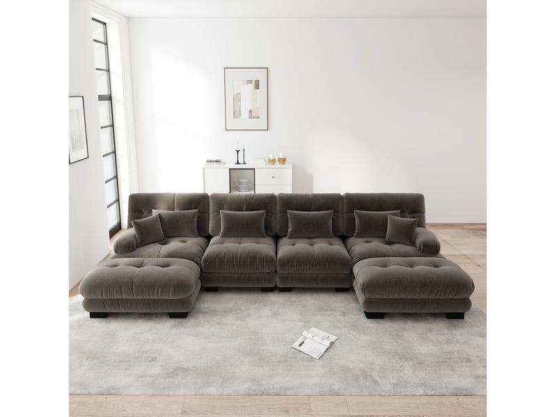 Canapé modulable panoramique 4 places en chenille marron avec ottomans mobiles - Conforama B