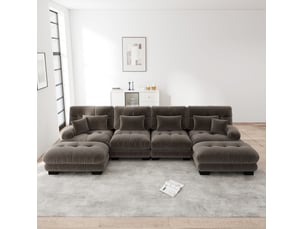 Canapé modulable panoramique 4 places en chenille marron avec ottomans mobiles