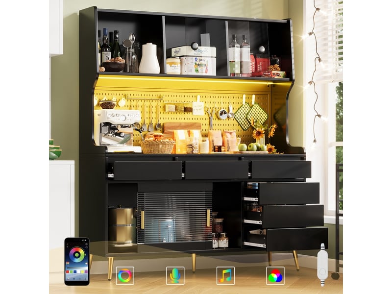  Armoire moderne avec éclairage led contrôlable par application, tiroir, étagères rangement, panneau perforé, 145x39x171 cm, noir  - Conforama B