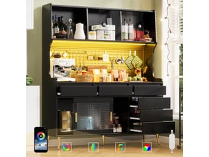 Armoire moderne avec éclairage led contrôlable par application, tiroir, étagères rangement, panneau perforé, 145x39x171 cm, noir