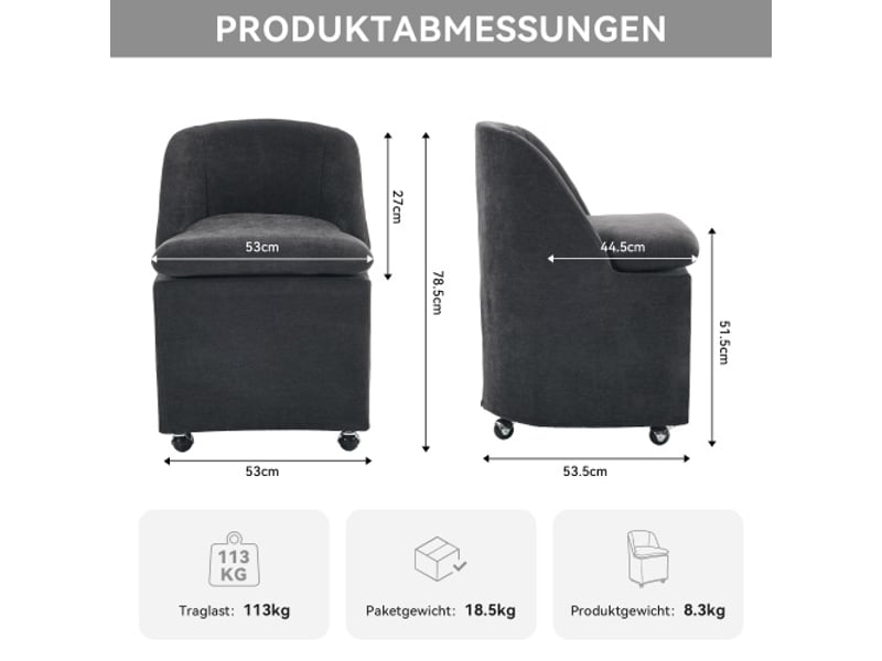  Chaise capitonnée grise sans accoudoirs, roulettes universelles - chaise à manger et vanity amovible, lot 2  - Conforama C