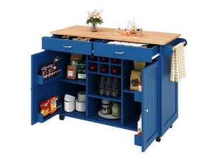Îlot de cuisine bleu moderne avec rangement, desserte à roulettes en mdf et métal, 102x45x92 cm