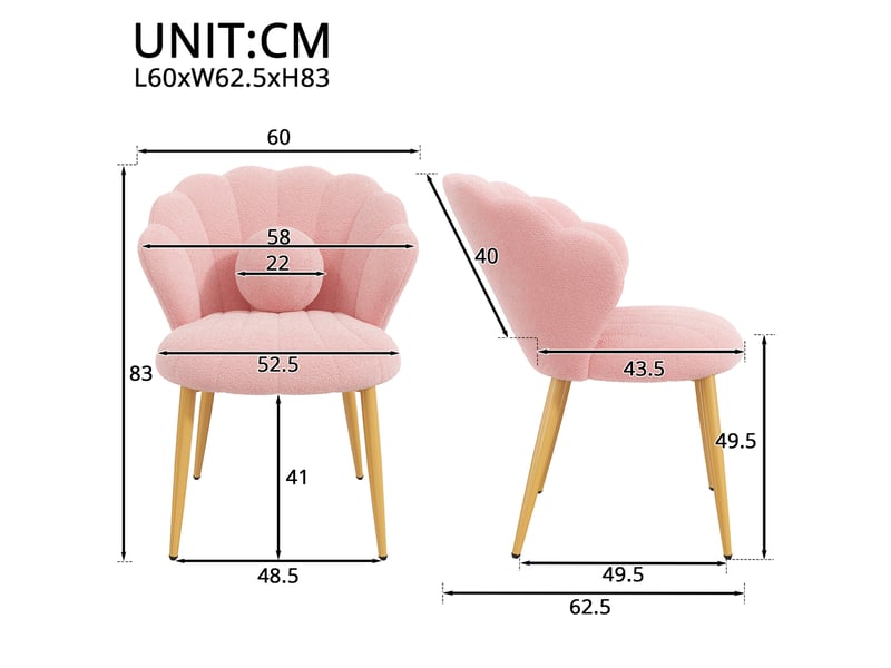  Lot de 6 fauteuils 60x62.5x83 cm tissu bouclé assise rembourrée dossier coquillage pieds en métal usage quotidien rose OPULERANE TRADING LTD - Conforama D