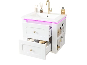 Meuble sous vasque mural avec 2 tiroirs, niche réglable, led et lavabo céramique pour salle de bain, 61 × 47 × 50 cm