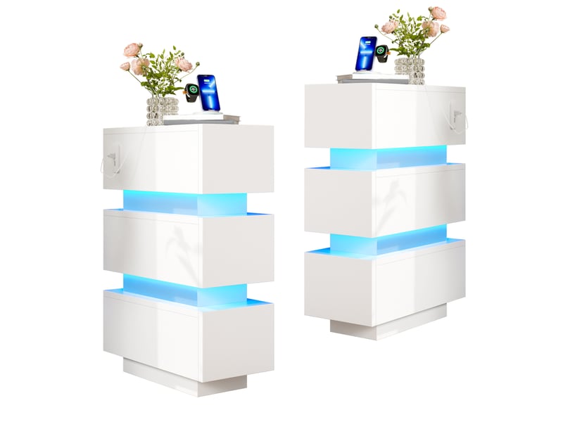  Lot de 2 tables de chevet étroites 20x40x59,5 cm – blanc – usb, type-c, led et 3 tiroirs chacune  - Conforama A
