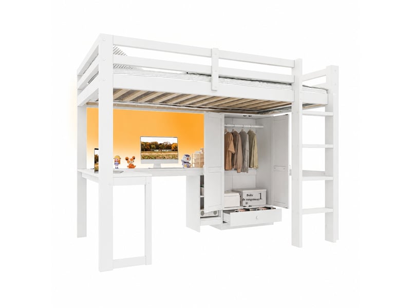  Lit mezzanine 90x200 avec bureau, étagères, armoire, prise usb et éclairage led blanc  - Conforama A